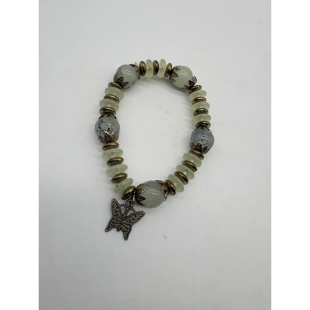 Bohemian Sage Green Beaded Butterfly Charm Stretch Bracelet‎ Antique Bronze